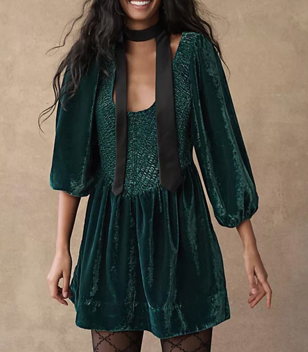 Free People Farrier Velvet Mini Dress Small Forest Green Pockets Smocked NWOT